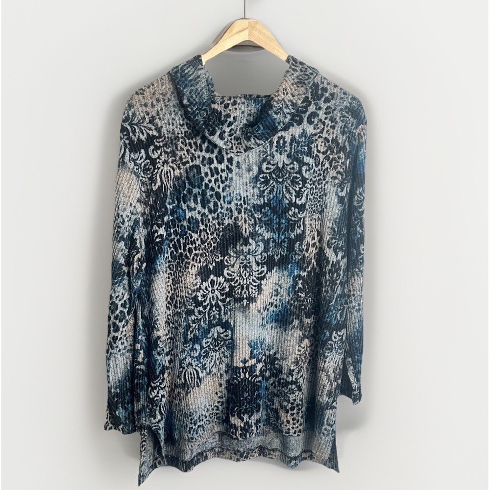 Chicos Zenergy Womens 3 XL Sweater Top Cowl Neck Long Sleeve Blue Floral 0125F